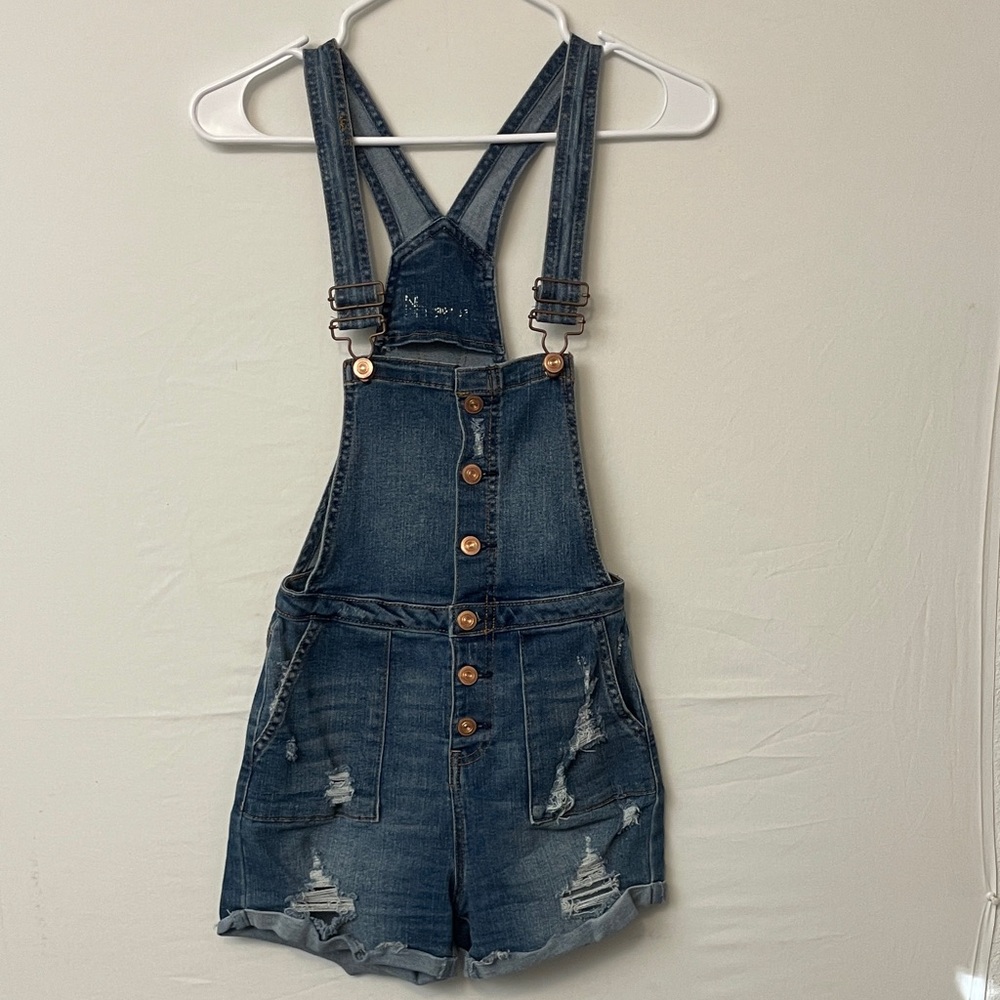 Women’s XS Distressed Jean Overalls High Rise – Vintage Look Short Romper (F10)✨